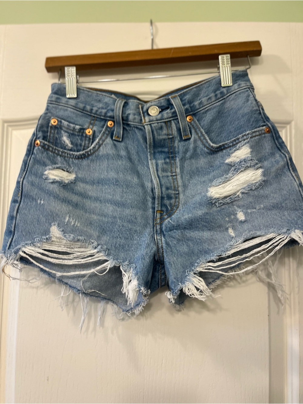 Levi's Light Blue Distressed High-Rise Denim Shorts
